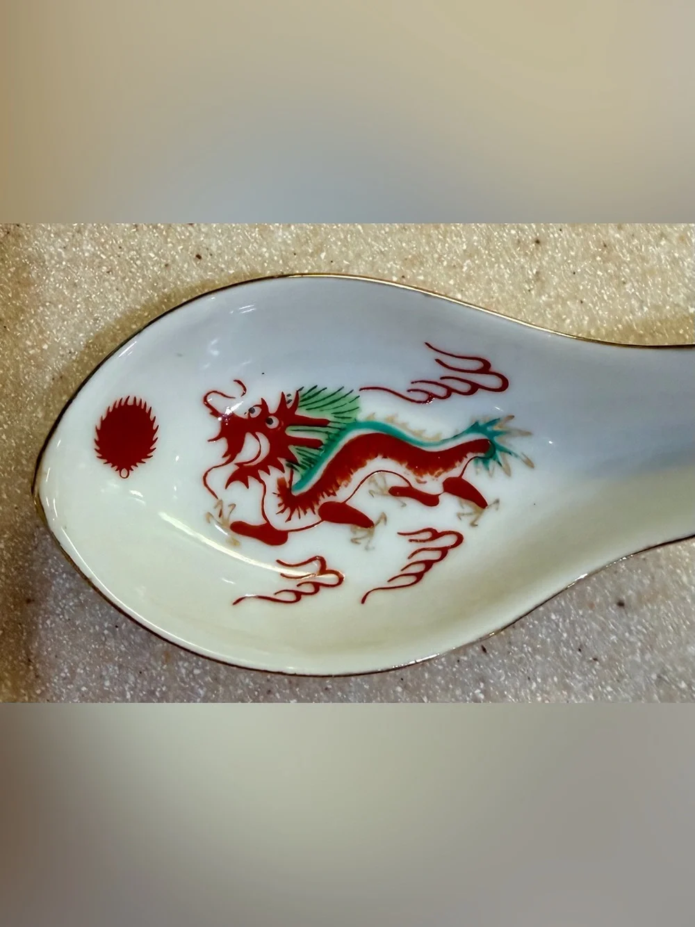 Porcelain Soup Spoon - White with Red Dragon Sun Clouds Gold Gild Asian Chinese